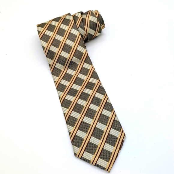 Georgia Brutini Men's Tie Gold Brown Plaid Classic Handmade - Picture 1 of 5